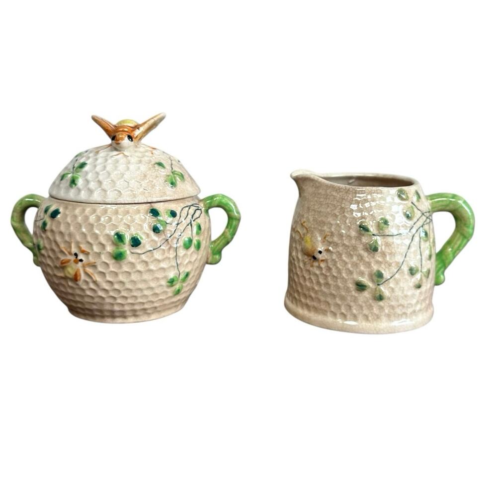 Vintage Bee Honeycomb Clover Porcelain Coffee Tea Sugar and Creamer Set Japan